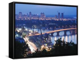 Lights Illuminating Podil District and Dnieper River Area at Night, Kiev, Ukraine, Europe-Christian Kober-Framed Stretched Canvas