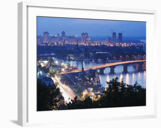 Lights Illuminating Podil District and Dnieper River Area at Night, Kiev, Ukraine, Europe-Christian Kober-Framed Photographic Print