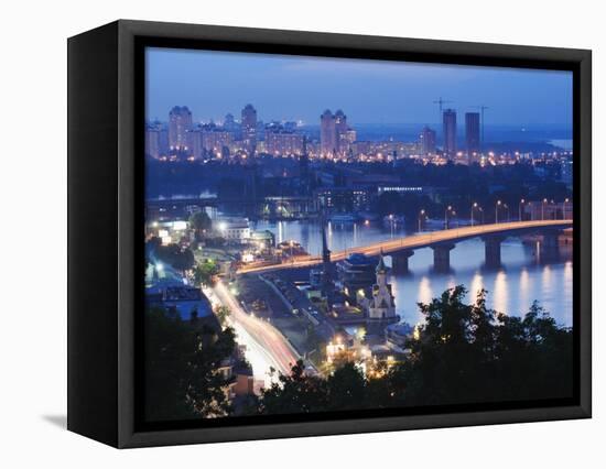 Lights Illuminating Podil District and Dnieper River Area at Night, Kiev, Ukraine, Europe-Christian Kober-Framed Stretched Canvas