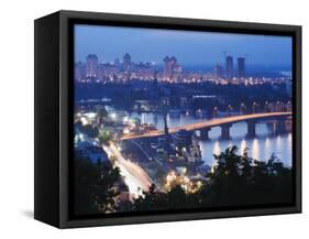 Lights Illuminating Podil District and Dnieper River Area at Night, Kiev, Ukraine, Europe-Christian Kober-Framed Stretched Canvas