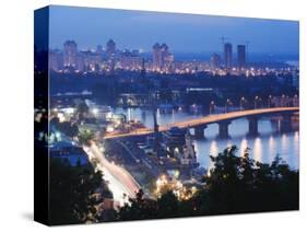 Lights Illuminating Podil District and Dnieper River Area at Night, Kiev, Ukraine, Europe-Christian Kober-Stretched Canvas