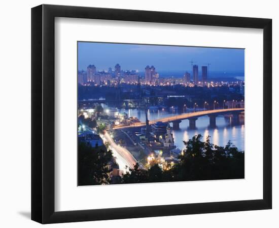 Lights Illuminating Podil District and Dnieper River Area at Night, Kiev, Ukraine, Europe-Christian Kober-Framed Photographic Print