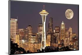 Lights on in Seattle Full Moon-null-Mounted Art Print