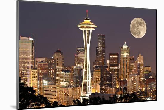 Lights on in Seattle Full Moon-null-Mounted Art Print