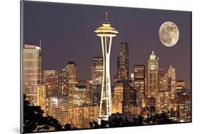 Lights on in Seattle Full Moon-null-Mounted Art Print