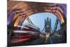 Lights on Tower Bridge over the River Thames with a typical double decker bus, London, England, Uni-Roberto Moiola-Mounted Photographic Print