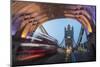 Lights on Tower Bridge over the River Thames with a typical double decker bus, London, England, Uni-Roberto Moiola-Mounted Photographic Print