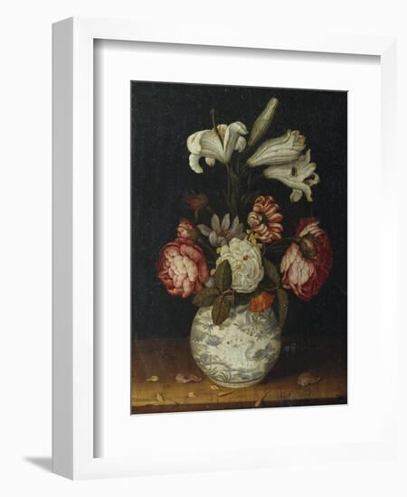 Lilies, Roses, a Marigold, and Other Flowers in a Blue and White Wan-Li Vase on a Ledge, 1656-Joseph Bail-Framed Giclee Print