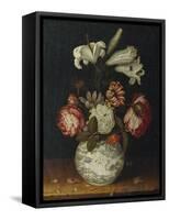 Lilies, Roses, a Marigold, and Other Flowers in a Blue and White Wan-Li Vase on a Ledge, 1656-Joseph Bail-Framed Stretched Canvas