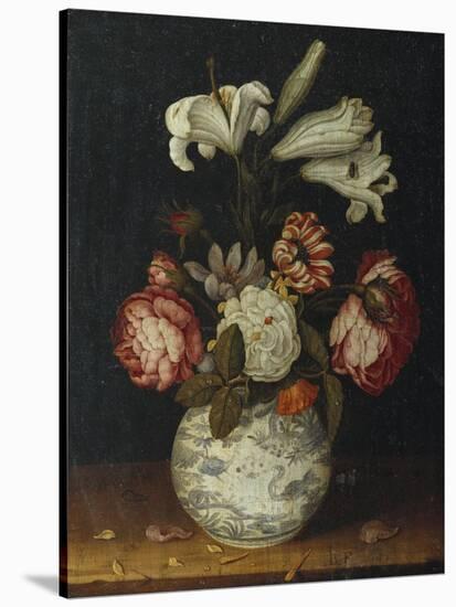 Lilies, Roses, a Marigold, and Other Flowers in a Blue and White Wan-Li Vase on a Ledge, 1656-Joseph Bail-Stretched Canvas