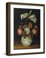 Lilies, Roses, a Marigold, and Other Flowers in a Blue and White Wan-Li Vase on a Ledge, 1656-Joseph Bail-Framed Giclee Print