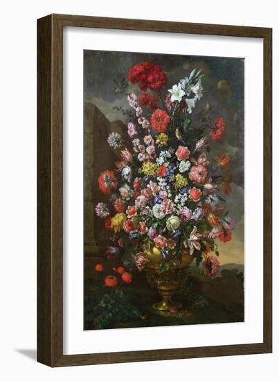 Lilies, Tulips, Carnations, Peonies, Convolvuli and Other Flowers in a Bronze Urn, 1718-Bartolomeo Bimbi-Framed Giclee Print