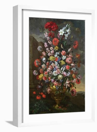 Lilies, Tulips, Carnations, Peonies, Convolvuli and Other Flowers in a Bronze Urn, 1718-Bartolomeo Bimbi-Framed Giclee Print