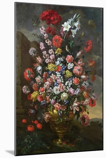 Lilies, Tulips, Carnations, Peonies, Convolvuli and Other Flowers in a Bronze Urn, 1718-Bartolomeo Bimbi-Mounted Giclee Print