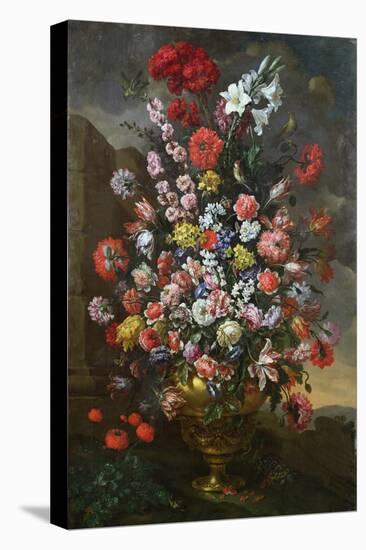 Lilies, Tulips, Carnations, Peonies, Convolvuli and Other Flowers in a Bronze Urn, 1718-Bartolomeo Bimbi-Stretched Canvas