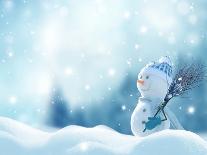Merry Christmas and Happy New Year Greeting Card with Copy-Space.Happy Snowman Standing in Winter C-lilkar-Photographic Print