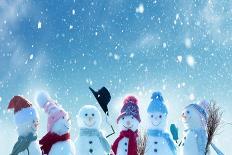 Merry Christmas and Happy New Year Greeting Card with Copy-Space.Many Snowmen Standing in Winter Ch-lilkar-Photographic Print