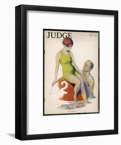 Lime Green Tank Style One- Piece Bathing Costume Worn with a Red Bathing Cap-Guy Hoff-Framed Art Print