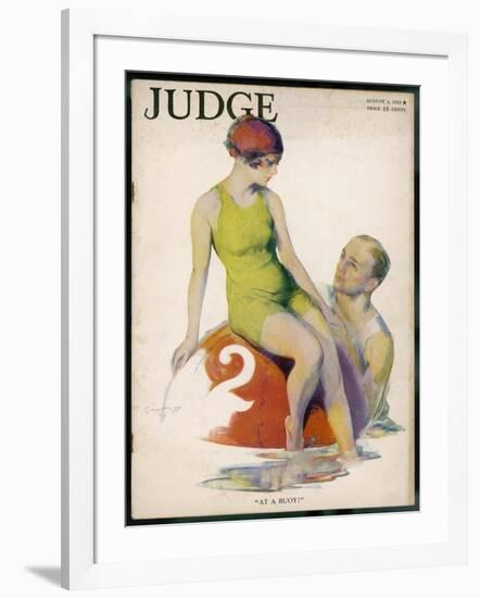 Lime Green Tank Style One- Piece Bathing Costume Worn with a Red Bathing Cap-Guy Hoff-Framed Art Print