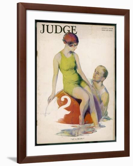 Lime Green Tank Style One- Piece Bathing Costume Worn with a Red Bathing Cap-Guy Hoff-Framed Art Print