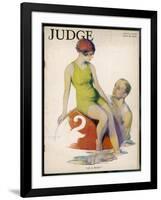 Lime Green Tank Style One- Piece Bathing Costume Worn with a Red Bathing Cap-Guy Hoff-Framed Art Print