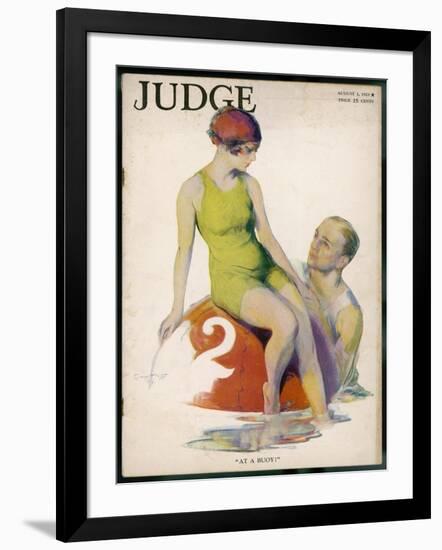 Lime Green Tank Style One- Piece Bathing Costume Worn with a Red Bathing Cap-Guy Hoff-Framed Art Print