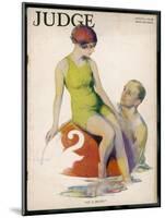 Lime Green Tank Style One- Piece Bathing Costume Worn with a Red Bathing Cap-Guy Hoff-Mounted Art Print