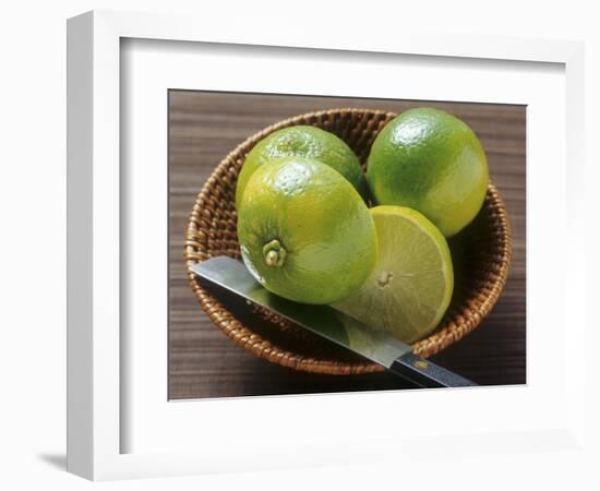 Limes, Two Whole and One Halved in a Small Basket-Eising Studio - Food Photo and Video-Framed Photographic Print