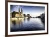 Limmat River with Grossmunster Churc, Zurich-George Oze-Framed Photographic Print