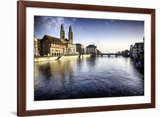 Limmat River with Grossmunster Churc, Zurich-George Oze-Framed Photographic Print