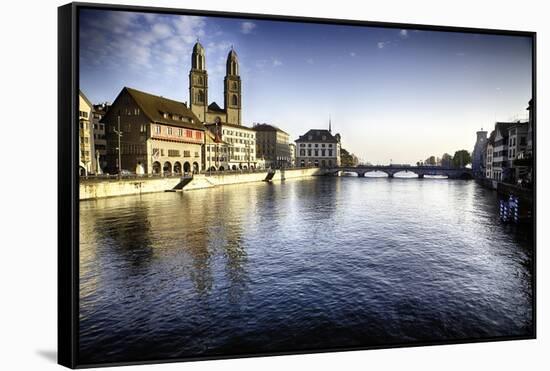 Limmat River with Grossmunster Churc, Zurich-George Oze-Framed Stretched Canvas