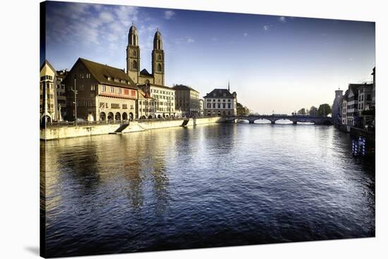 Limmat River with Grossmunster Churc, Zurich-George Oze-Stretched Canvas