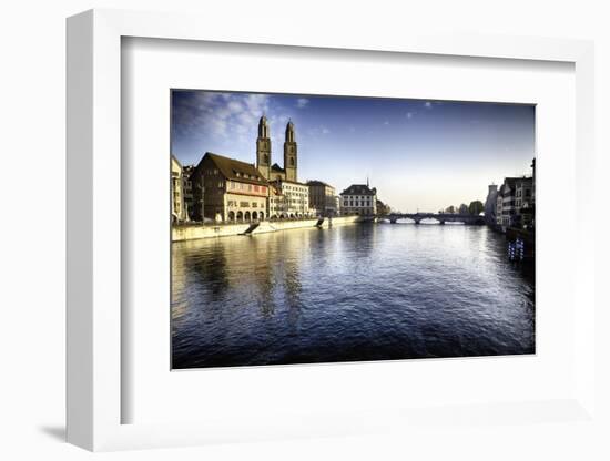 Limmat River with Grossmunster Churc, Zurich-George Oze-Framed Photographic Print