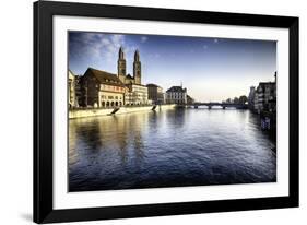 Limmat River with Grossmunster Churc, Zurich-George Oze-Framed Photographic Print