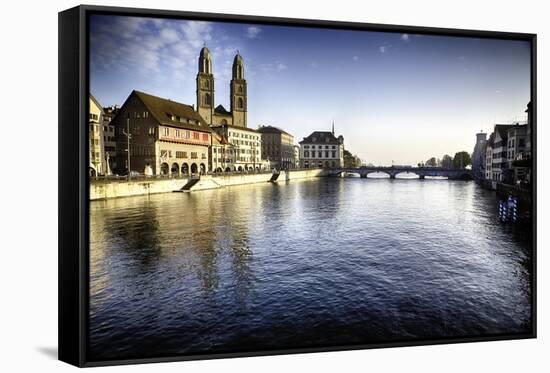 Limmat River with Grossmunster Churc, Zurich-George Oze-Framed Stretched Canvas