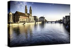 Limmat River with Grossmunster Churc, Zurich-George Oze-Stretched Canvas