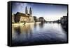 Limmat River with Grossmunster Churc, Zurich-George Oze-Framed Stretched Canvas