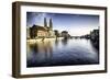 Limmat River with Grossmunster Churc, Zurich-George Oze-Framed Photographic Print