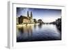 Limmat River with Grossmunster Churc, Zurich-George Oze-Framed Photographic Print