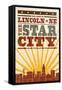 Lincoln, Nebraska - Skyline and Sunburst Screenprint Style-Lantern Press-Framed Stretched Canvas