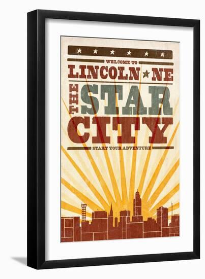 Lincoln, Nebraska - Skyline and Sunburst Screenprint Style-Lantern Press-Framed Art Print