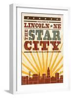 Lincoln, Nebraska - Skyline and Sunburst Screenprint Style-Lantern Press-Framed Art Print