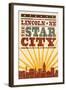 Lincoln, Nebraska - Skyline and Sunburst Screenprint Style-Lantern Press-Framed Art Print