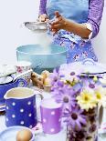 Woman Sieving Flour into a Bowl, Crockery & Eggs in Front-Linda Burgess-Photographic Print