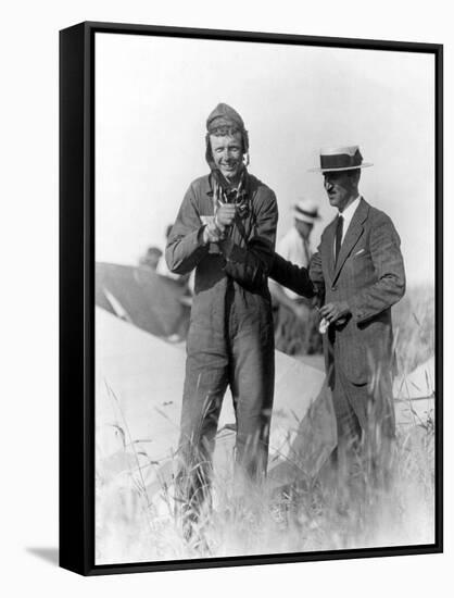 Lindbergh and Wright with Wrecked Plane Photograph - St. Louis, MO-Lantern Press-Framed Stretched Canvas