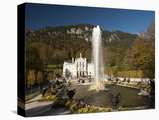 Linderhof Castle with Fountain in Pond and Alps Behind, Bavaria, Germany, Europe-Richard Nebesky-Stretched Canvas