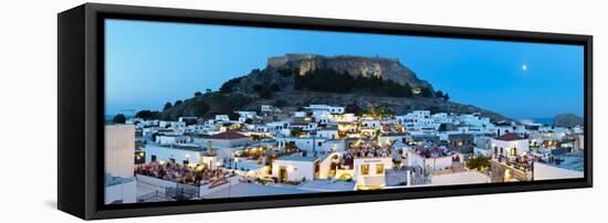 Lindos Acropolis and Rooftop Restaurants Illuminated at Dusk, Lindos, Rhodes, Greece-Doug Pearson-Framed Stretched Canvas