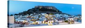 Lindos Acropolis and Rooftop Restaurants Illuminated at Dusk, Lindos, Rhodes, Greece-Doug Pearson-Stretched Canvas
