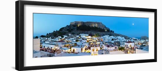 Lindos Acropolis and Rooftop Restaurants Illuminated at Dusk, Lindos, Rhodes, Greece-Doug Pearson-Framed Photographic Print