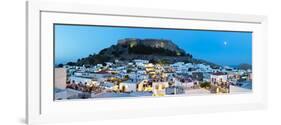 Lindos Acropolis and Rooftop Restaurants Illuminated at Dusk, Lindos, Rhodes, Greece-Doug Pearson-Framed Photographic Print